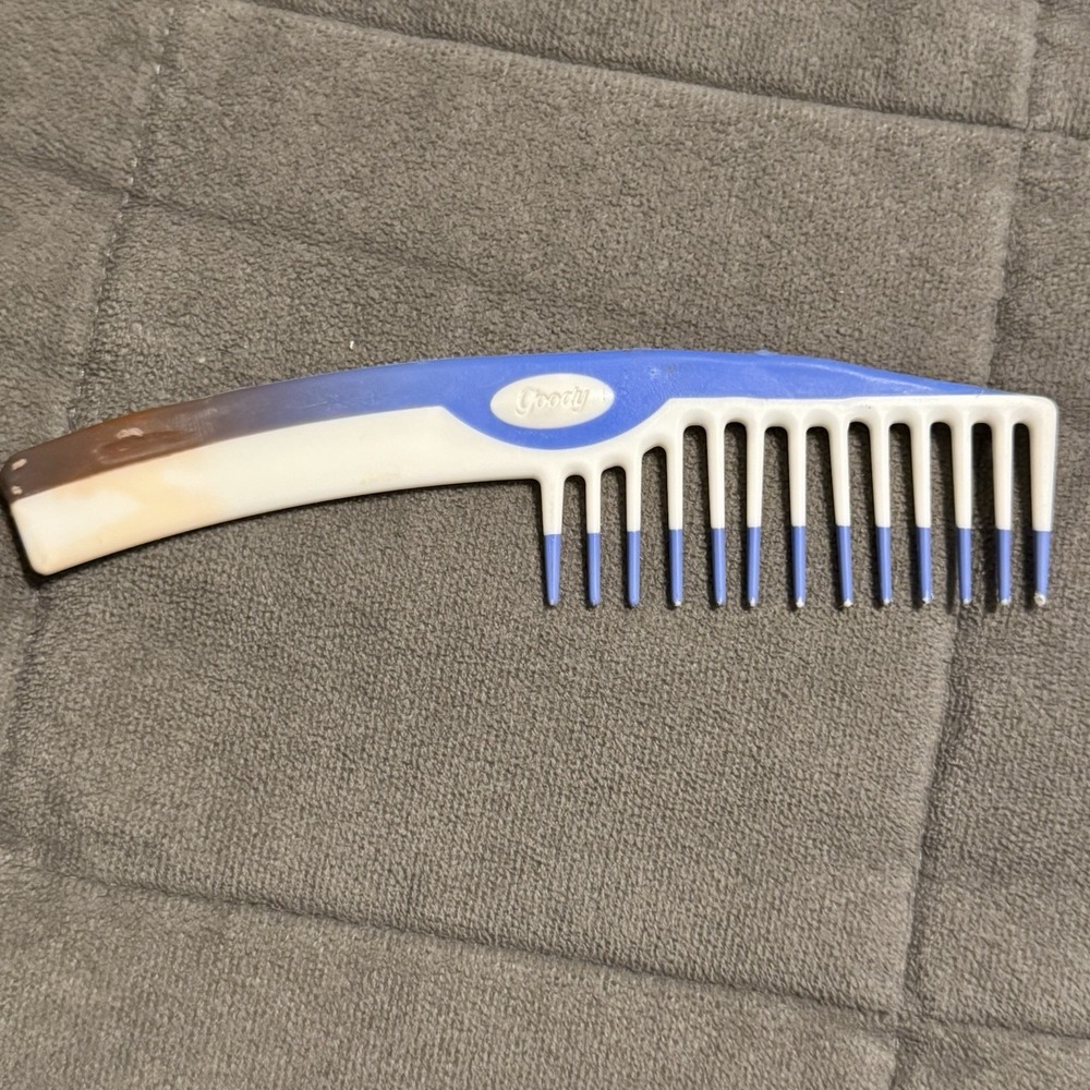 Vtg GOODY wide-toothed comb 7" handle 1980's 90's White Blue Non Slip